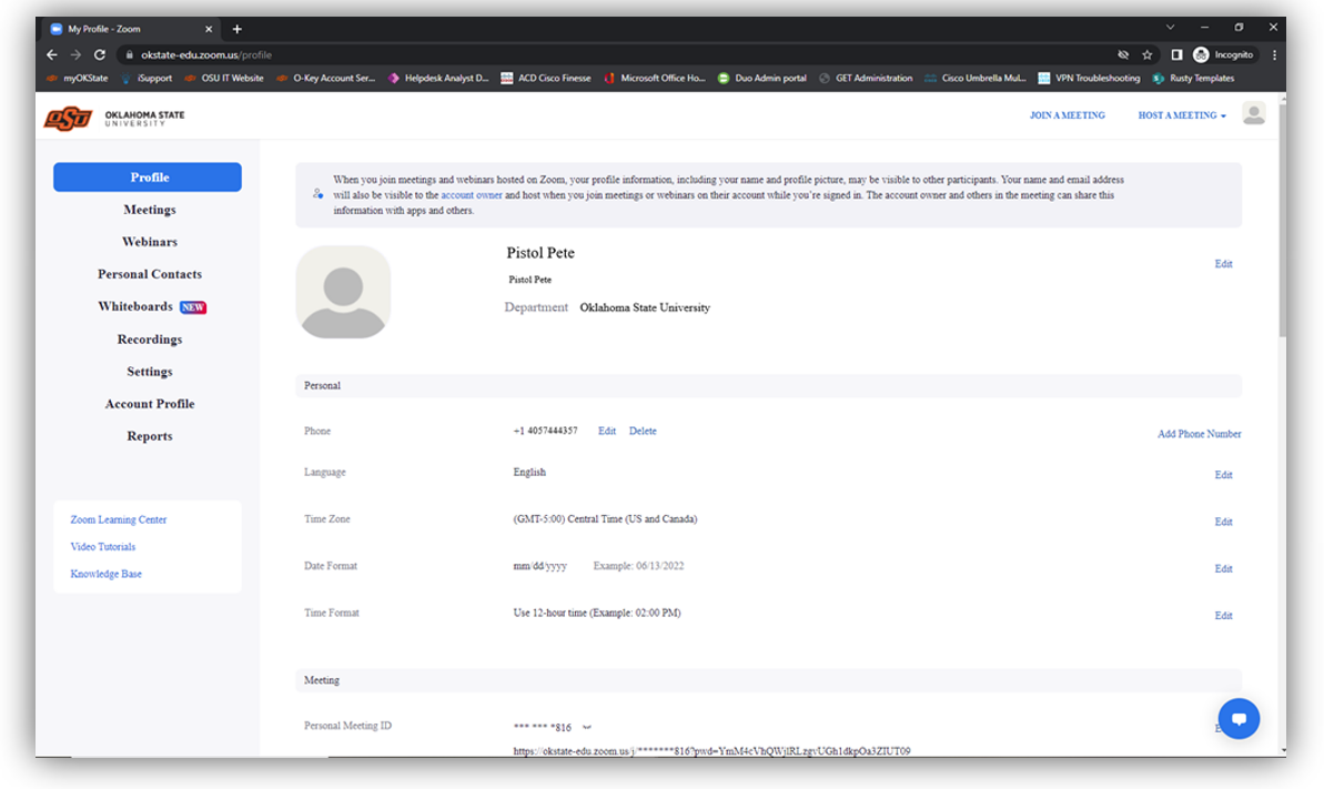 user account page for zoom