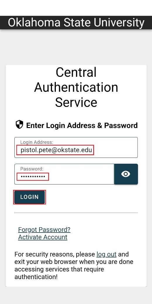 authentication screen