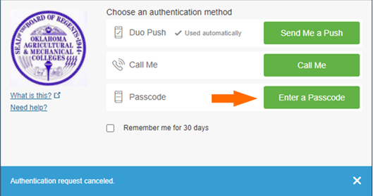 the enter a passcode option on the duo authentication screen