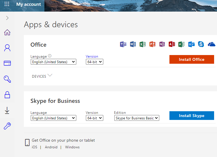 Office and Skype for Business download options