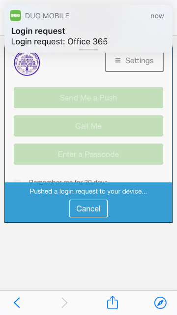 Duo screen "Send me a push"