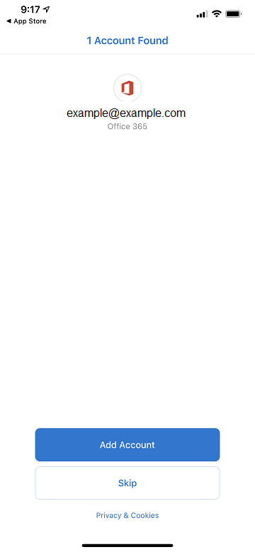 1 Account Found. Add Account? Skip.