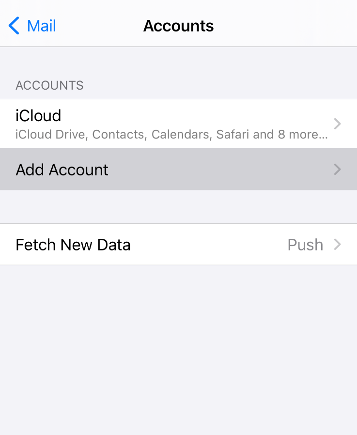 iOS/iPhone Passwords & Accounts menu - Tap "Microsoft Exchange"