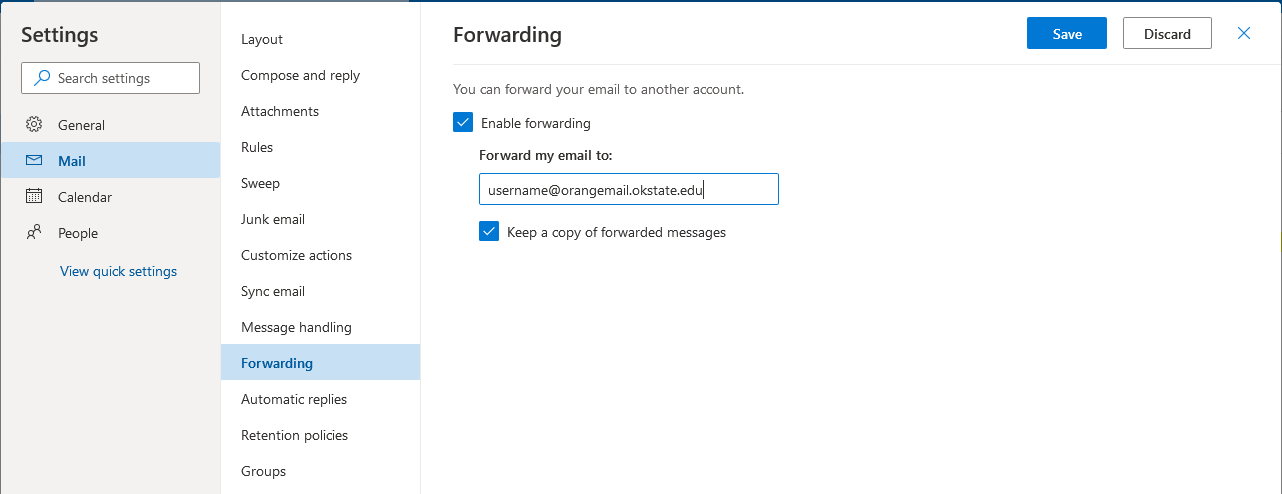 screenshot of web based Outlook 365 setting up email forwarding
