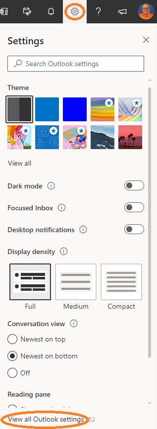 View all Outlook settings button location