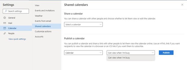 Shared calendars setting menu