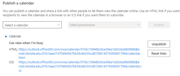 generating the link to your shared outlook calendar