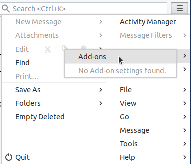 Screenshot of Thunderbird menu leading to Add-ons