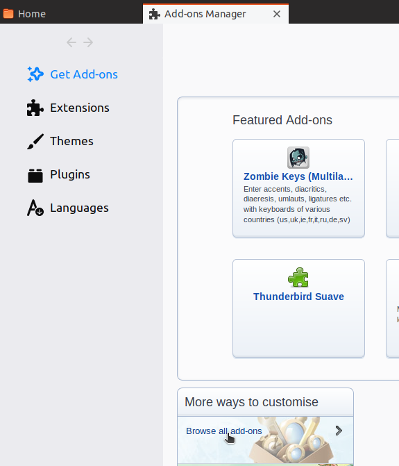 Mozilla Thunderbird Add-on Manager home screen