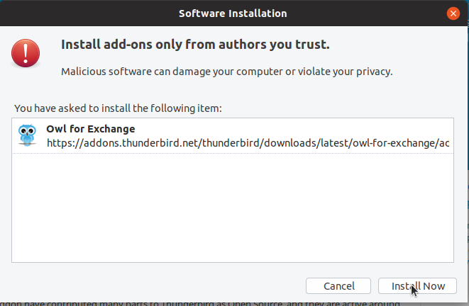 Screenshot of popup "Install Add-ons only from authors you trust."