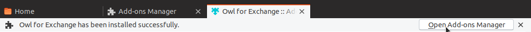 Owl for Exchange has been installed successfully. Open Add-ons Manager