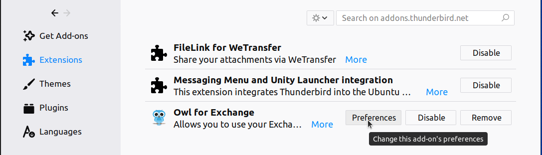 Thunderbird Add-On Manager list of installed extensions