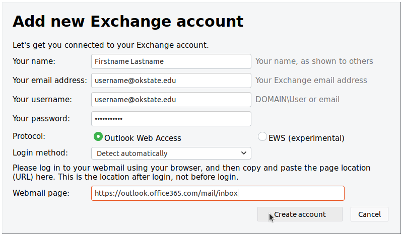 Add new Exchange account form