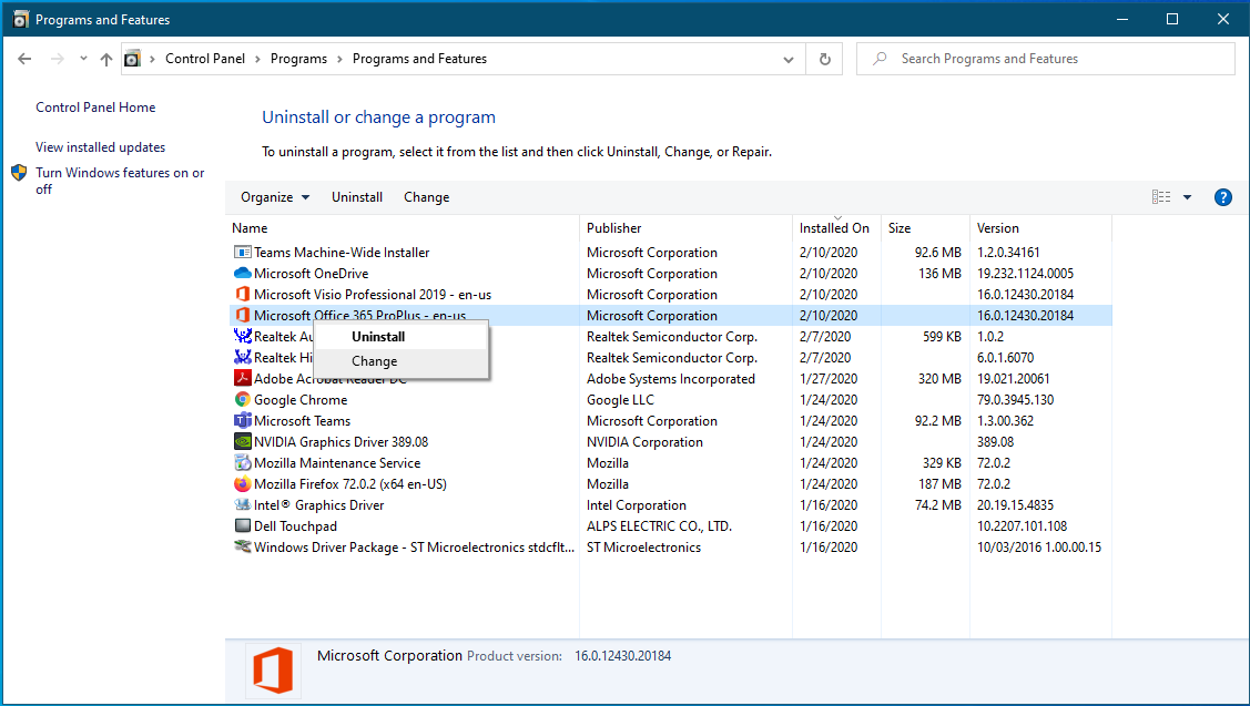 A picture showcasing finding Microsoft Office on the programs list and uninstalling it.