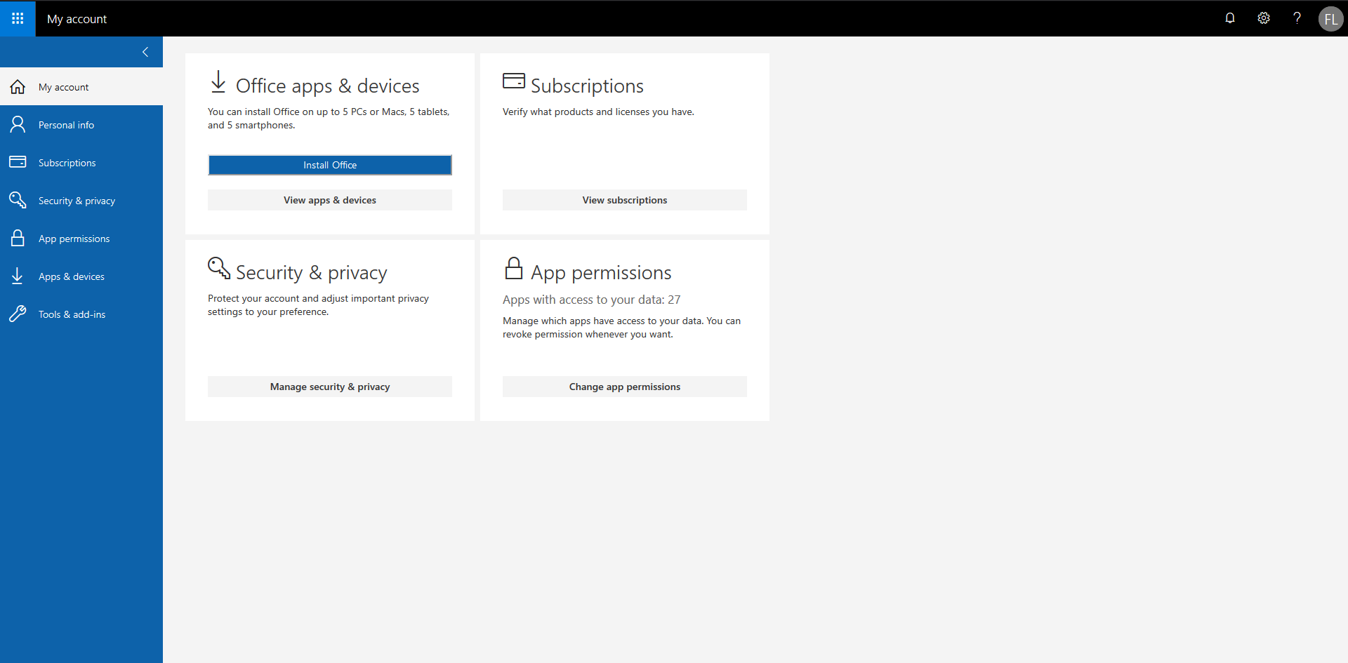 Picture showcasing the option 'install office' where you can download the office installation file.