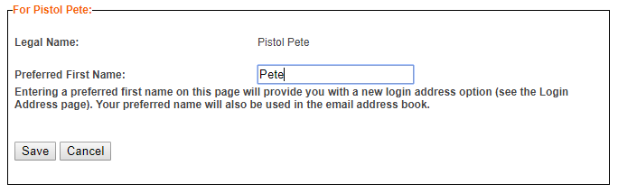 page showcasing the form that saves your preferred first name with the 'save' button