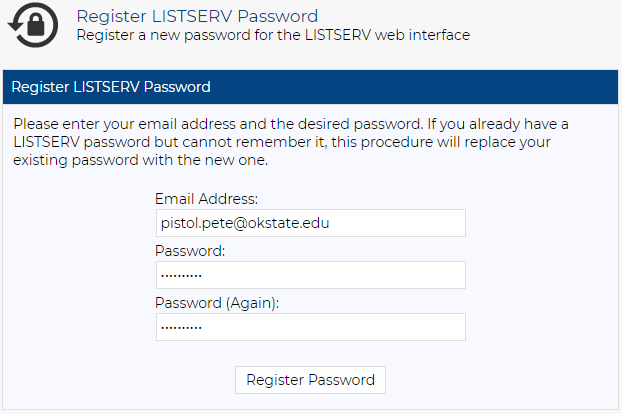 Register LISTSERV Password, Password