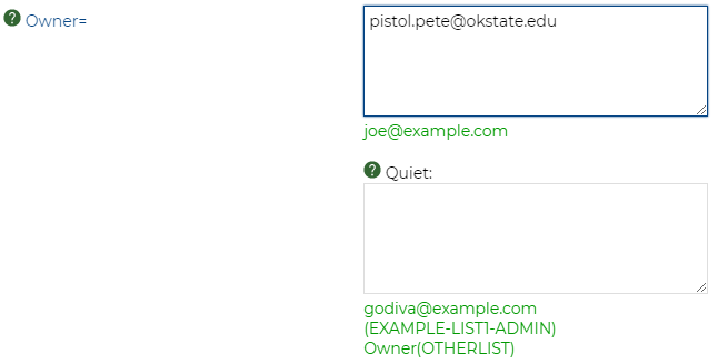 Owner section of the List Maintenance tab