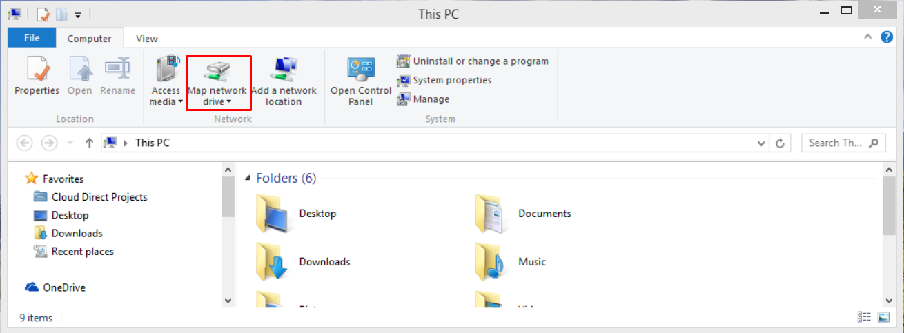 Window File Explorer. Selecting the Map network drive option under the computer menu.
