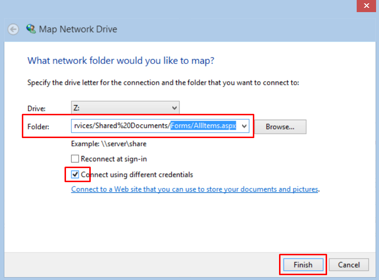 Filling in the information to the Map Network Drive window.