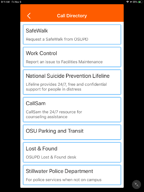 Rave Guardian - Call DIrectory Screen