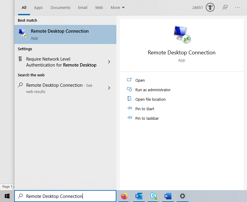 Opening Remote Desktop application from the Windows button.
