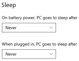 Sleep. PC goes to sleep after. Option selected Never.