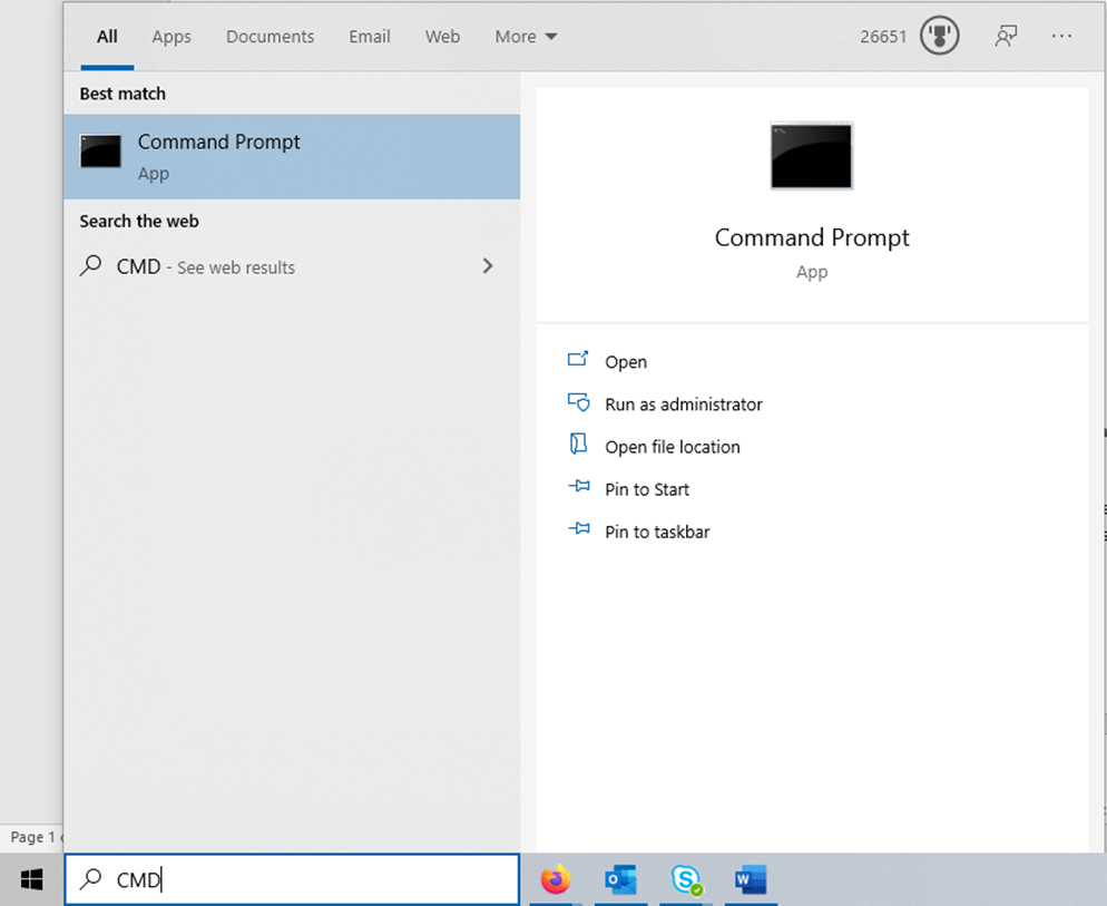 Opening a command prompt through the Windows Start menu.