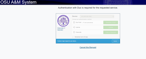 OSU A&M Login Duo Authentication screen