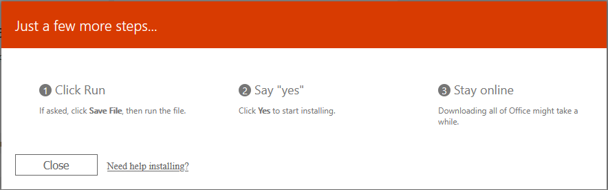 on-screen instructions to complete the installation of office 365