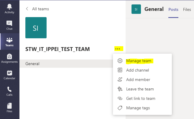 Clicking the ellipses to the team drop down menu.